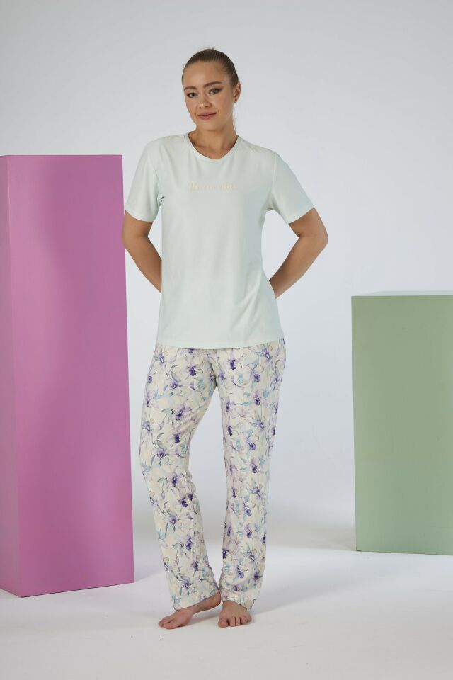 Kadın Yazlık Desenli Kısa Kollu Marla Pijama Takımı - Yeşil