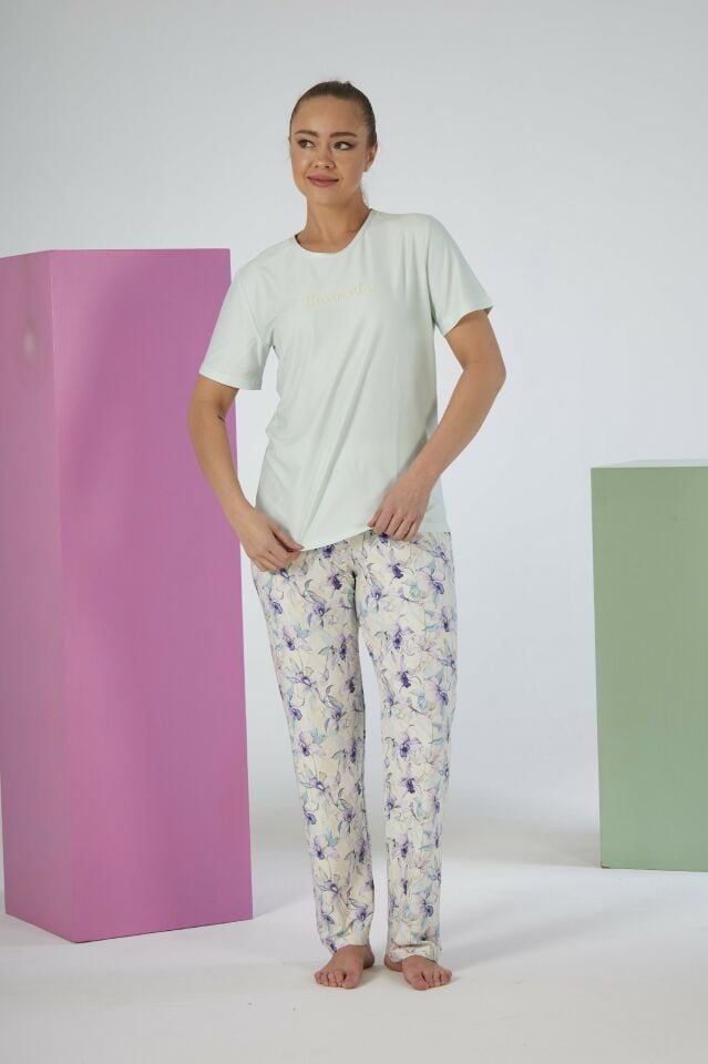 Kadın Yazlık Desenli Kısa Kollu Marla Pijama Takımı - Yeşil