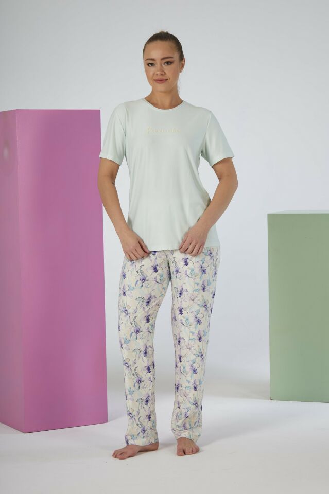 Kadın Yazlık Desenli Kısa Kollu Marla Pijama Takımı - Yeşil
