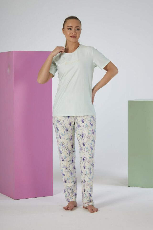 Kadın Yazlık Desenli Kısa Kollu Marla Pijama Takımı - Yeşil