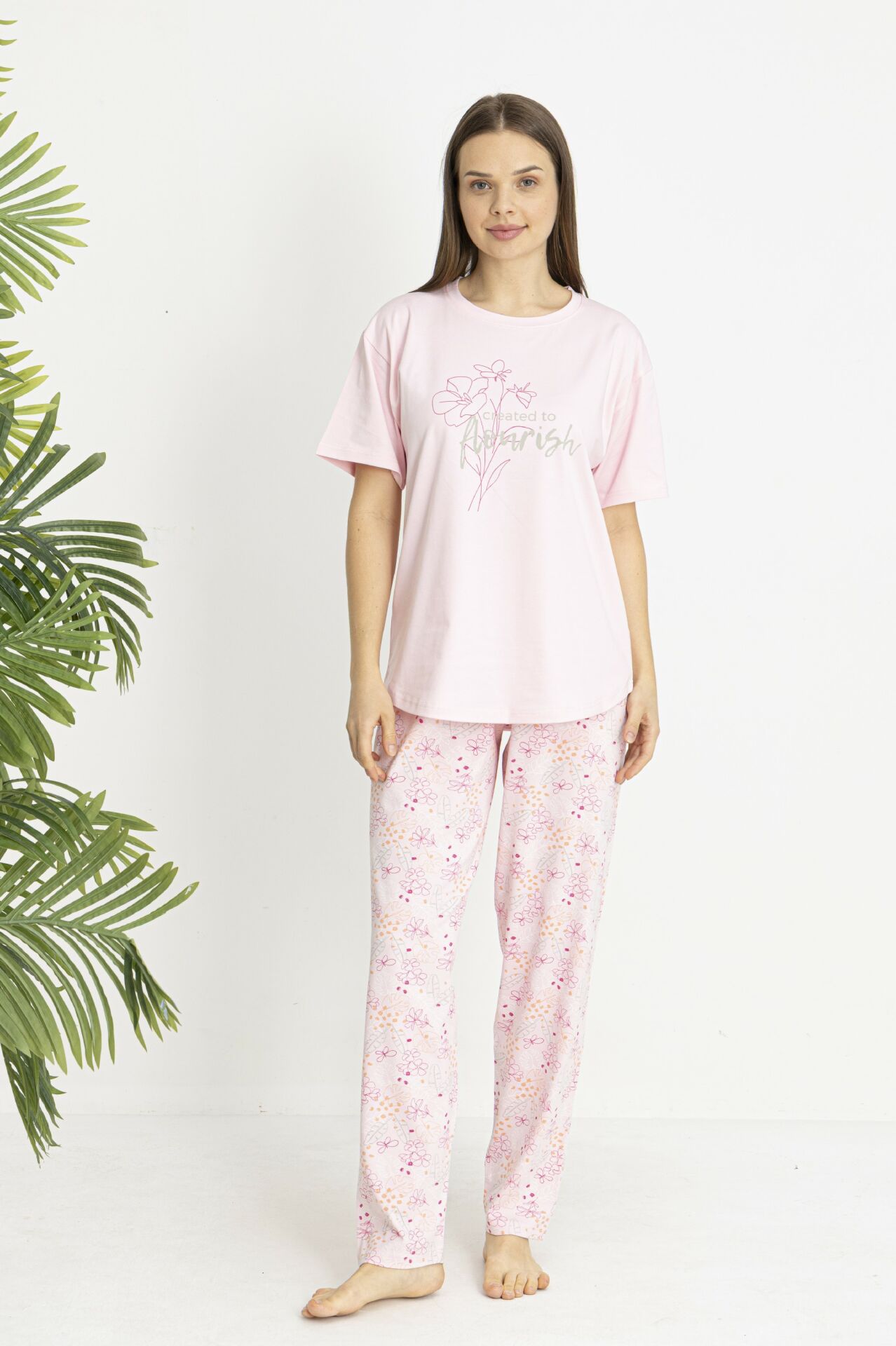 Estiva Kadın Flora Alt Desenli Pembe Penye Lycra Kısa Kollu Pijama Takımı