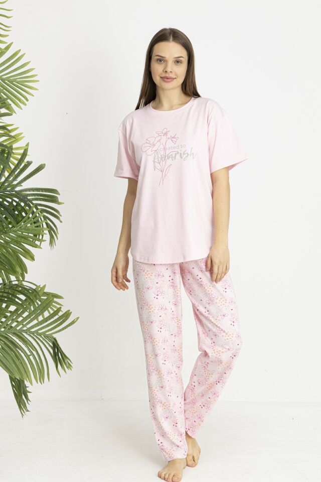 Estiva Kadın Flora Alt Desenli Pembe Penye Lycra Kısa Kollu Pijama Takımı