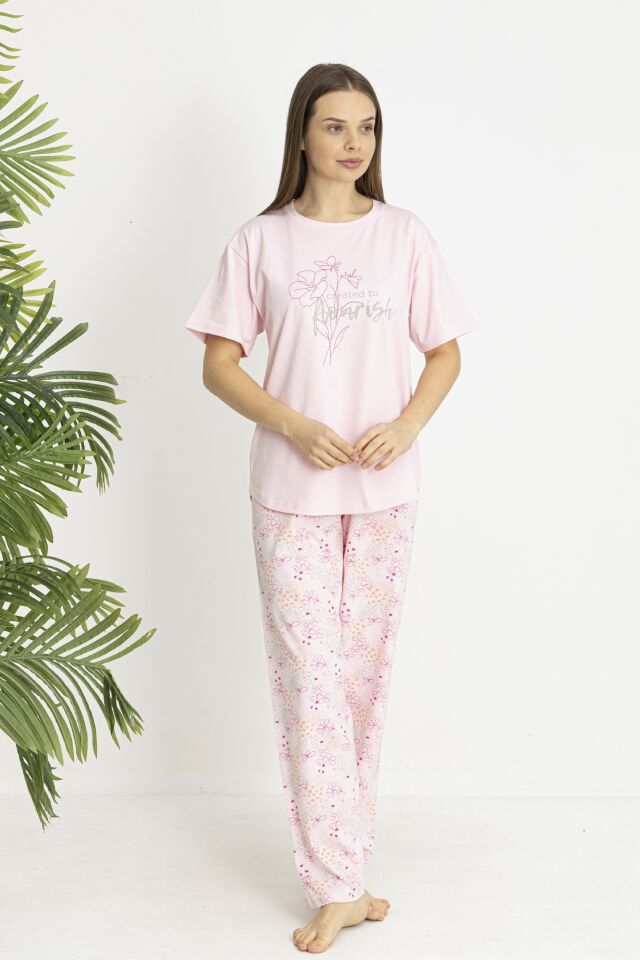 Estiva Kadın Flora Alt Desenli Pembe Penye Lycra Kısa Kollu Pijama Takımı