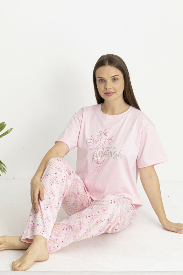 Estiva Kadın Flora Alt Desenli Pembe Penye Lycra Kısa Kollu Pijama Takımı