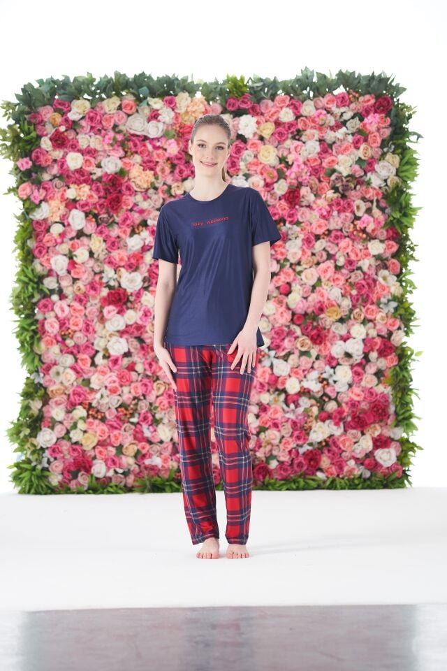 Kadın Yazlık Kareli Kısa Kollu Marla Pijama Takımı - Lacivert