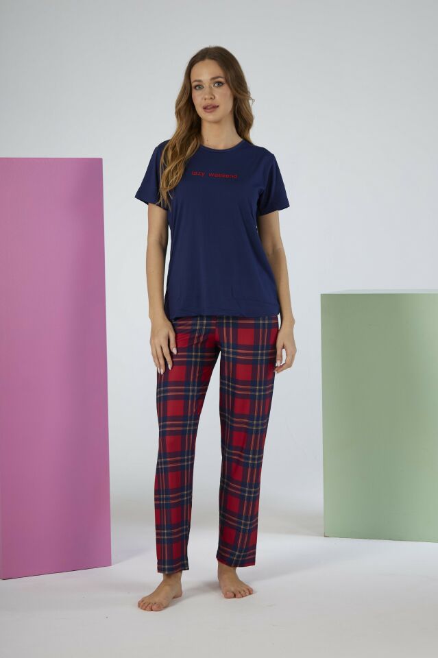 Kadın Yazlık Kareli Kısa Kollu Marla Pijama Takımı - Lacivert