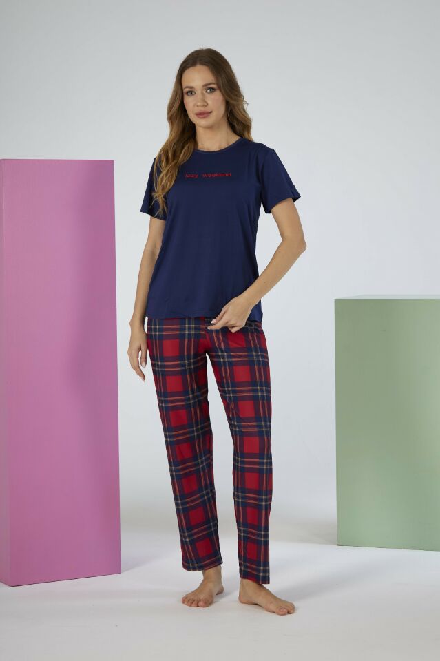Kadın Yazlık Kareli Kısa Kollu Marla Pijama Takımı - Lacivert