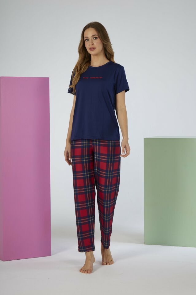 Kadın Yazlık Kareli Kısa Kollu Marla Pijama Takımı - Lacivert