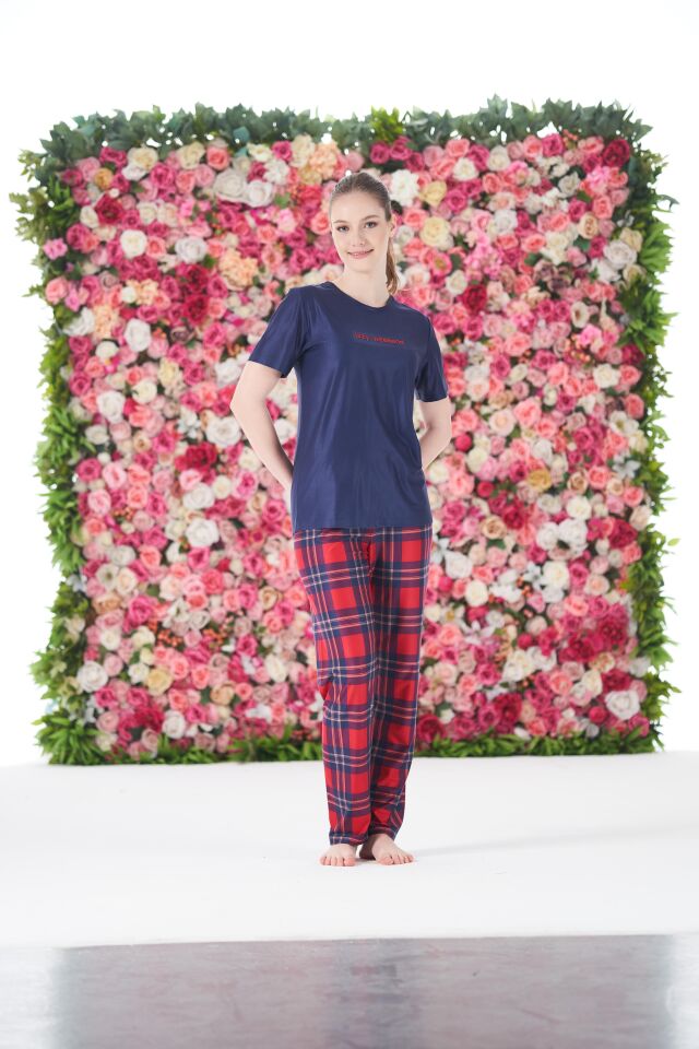 Kadın Yazlık Kareli Kısa Kollu Marla Pijama Takımı - Lacivert