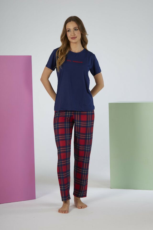 Kadın Yazlık Kareli Kısa Kollu Marla Pijama Takımı - Lacivert