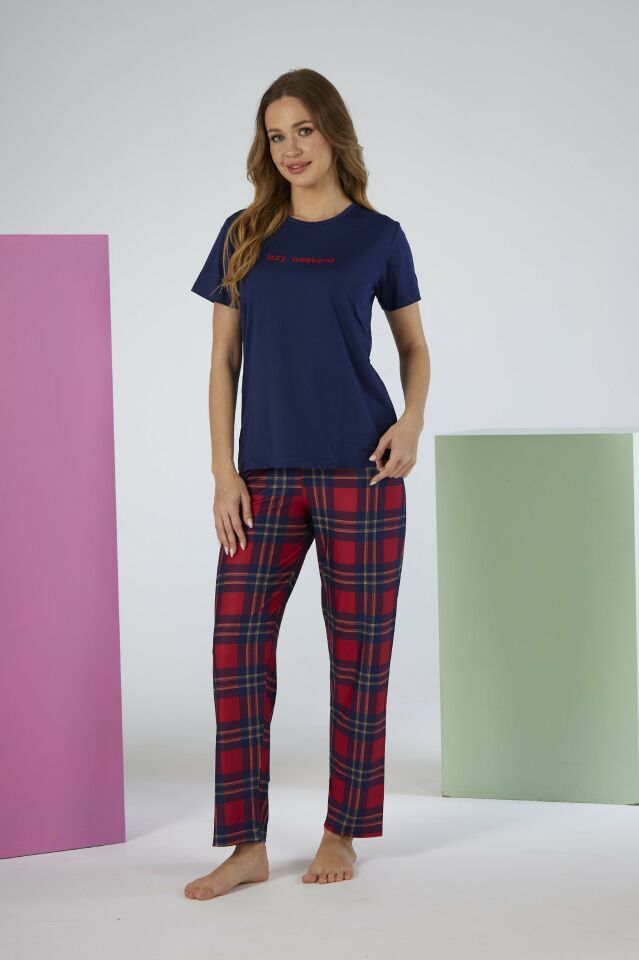 Kadın Yazlık Kareli Kısa Kollu Marla Pijama Takımı - Lacivert