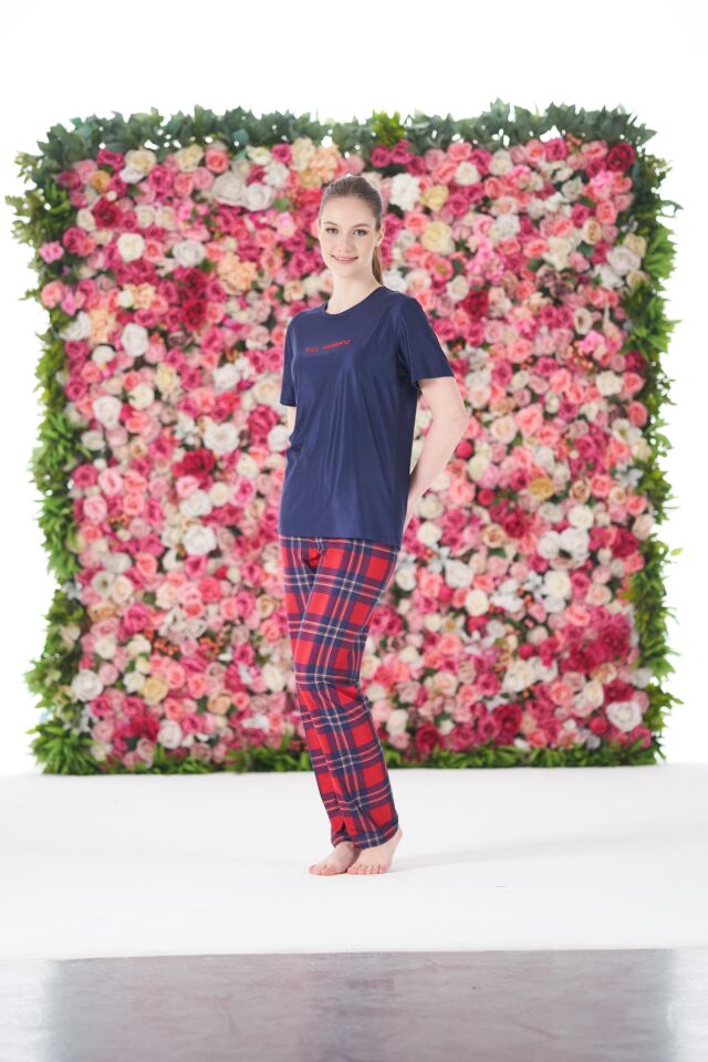 Kadın Yazlık Kareli Kısa Kollu Marla Pijama Takımı - Lacivert