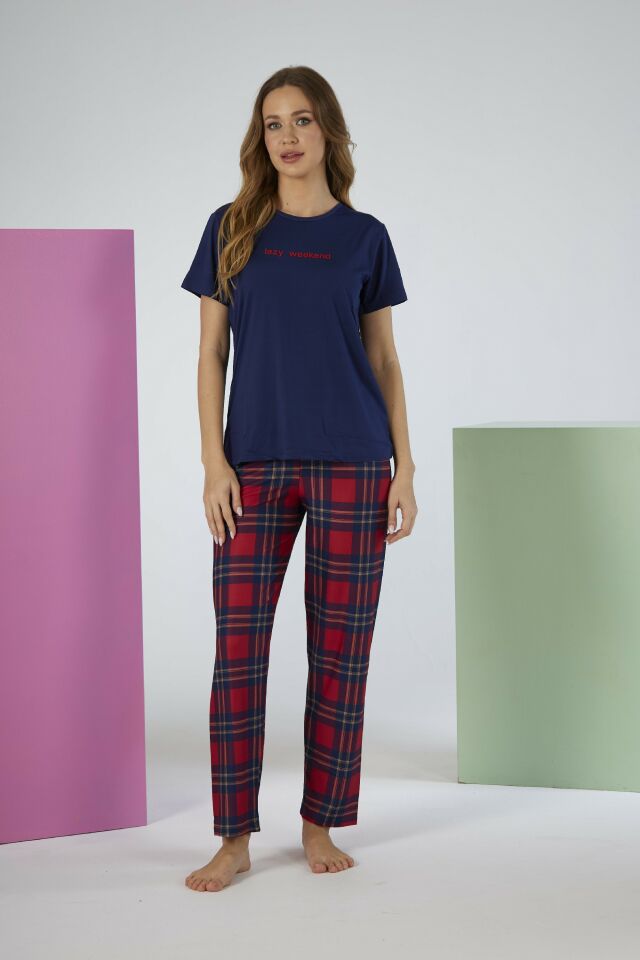 Kadın Yazlık Kareli Kısa Kollu Marla Pijama Takımı - Lacivert