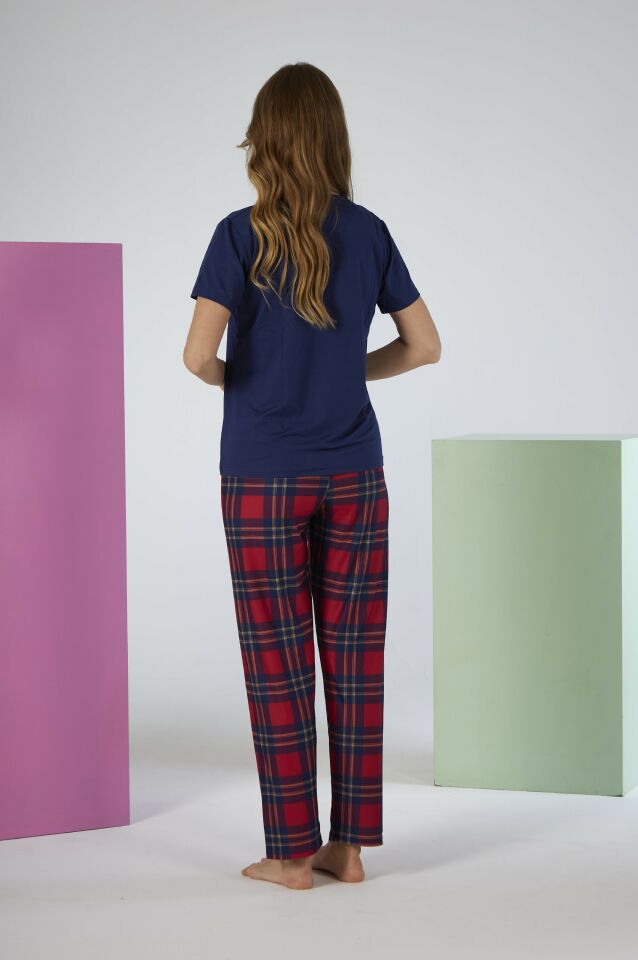 Kadın Yazlık Kareli Kısa Kollu Marla Pijama Takımı - Lacivert