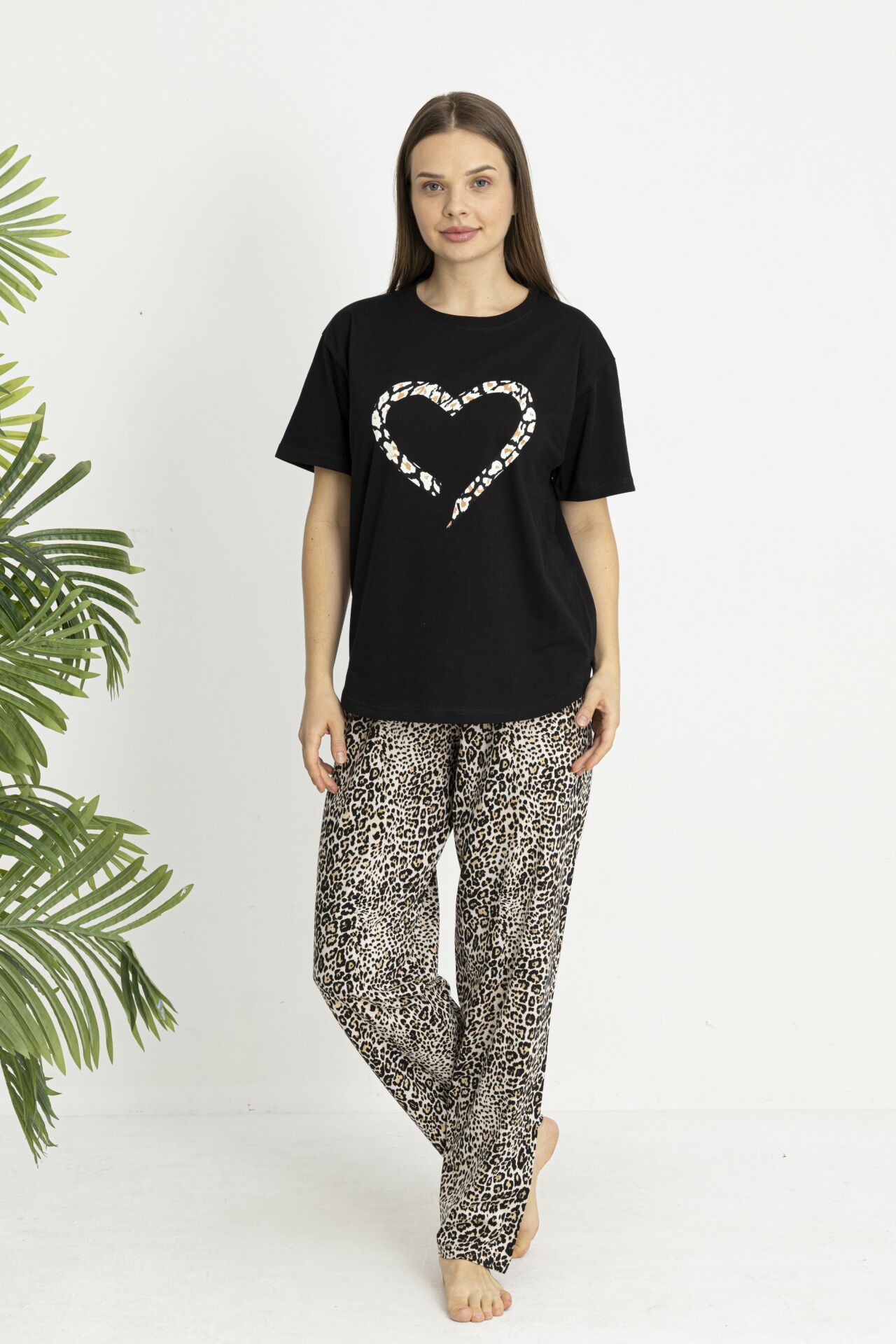 Estiva Kadın Kaplan Alt Desenli Siyah Penye Lycra Kısa Kollu Pijama Takımı