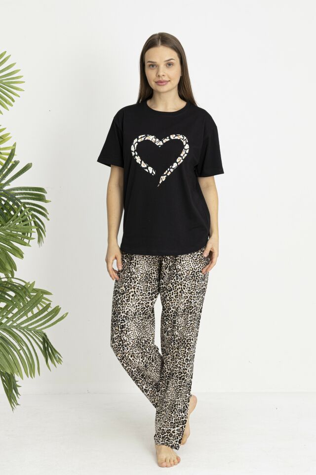 Estiva Kadın Kaplan Alt Desenli Siyah Penye Lycra Kısa Kollu Pijama Takımı