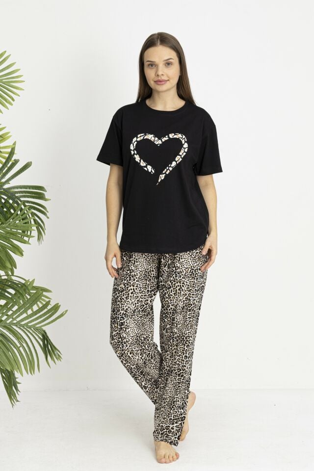 Estiva Kadın Kaplan Alt Desenli Siyah Penye Lycra Kısa Kollu Pijama Takımı