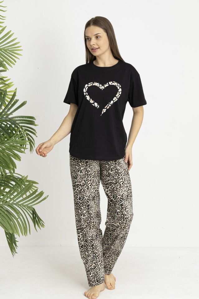 Estiva Kadın Kaplan Alt Desenli Siyah Penye Lycra Kısa Kollu Pijama Takımı
