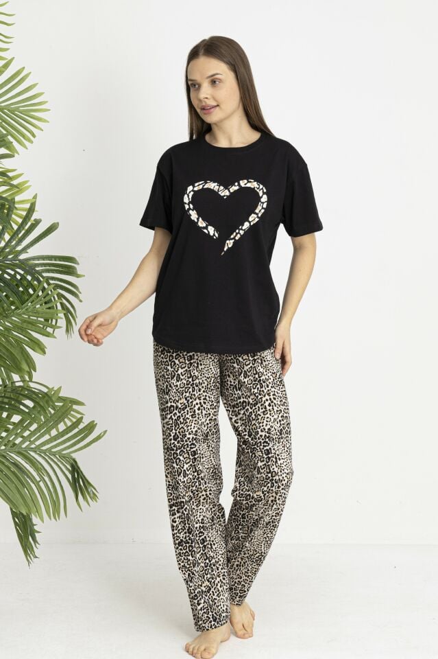 Estiva Kadın Kaplan Alt Desenli Siyah Penye Lycra Kısa Kollu Pijama Takımı