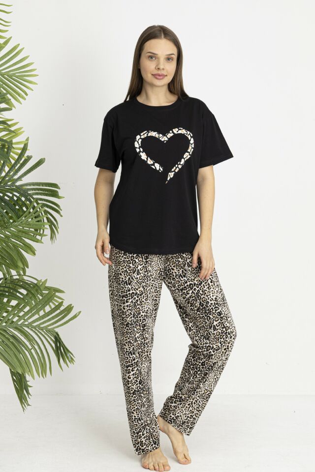 Estiva Kadın Kaplan Alt Desenli Siyah Penye Lycra Kısa Kollu Pijama Takımı