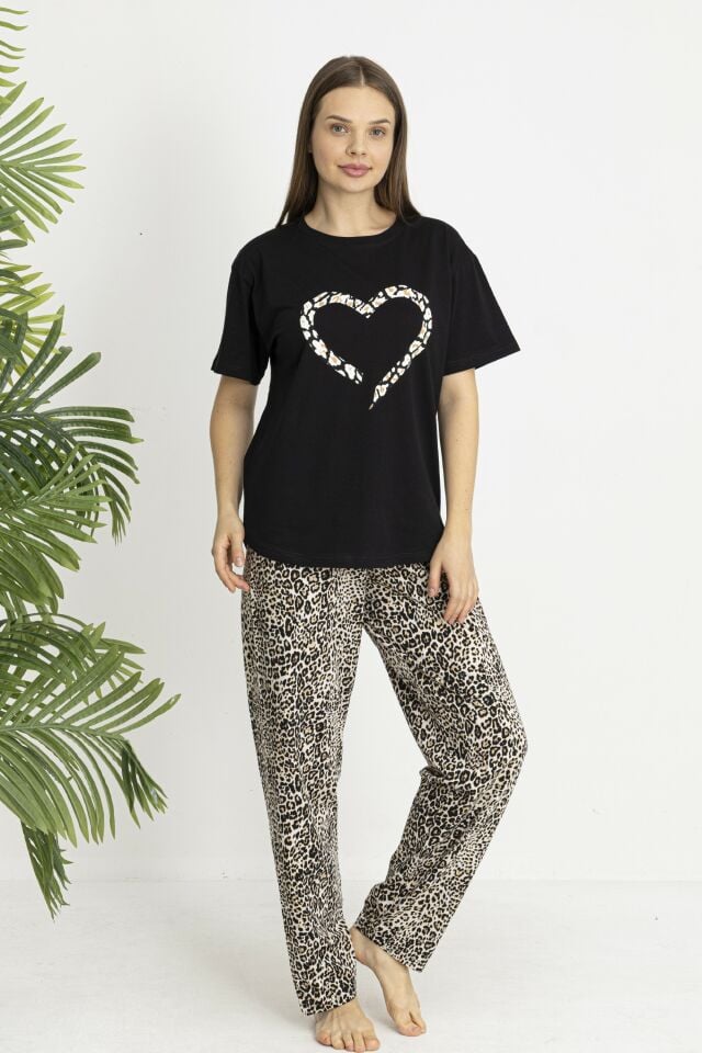 Estiva Kadın Kaplan Alt Desenli Siyah Penye Lycra Kısa Kollu Pijama Takımı