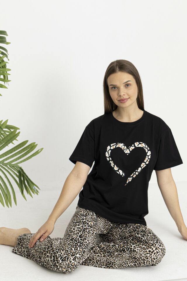 Estiva Kadın Kaplan Alt Desenli Siyah Penye Lycra Kısa Kollu Pijama Takımı