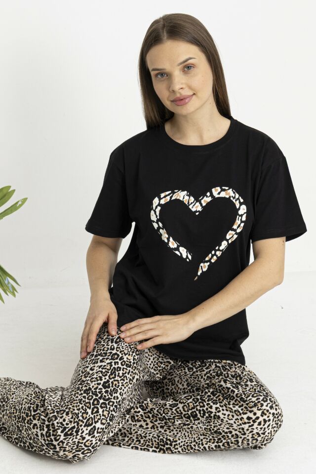 Estiva Kadın Kaplan Alt Desenli Siyah Penye Lycra Kısa Kollu Pijama Takımı