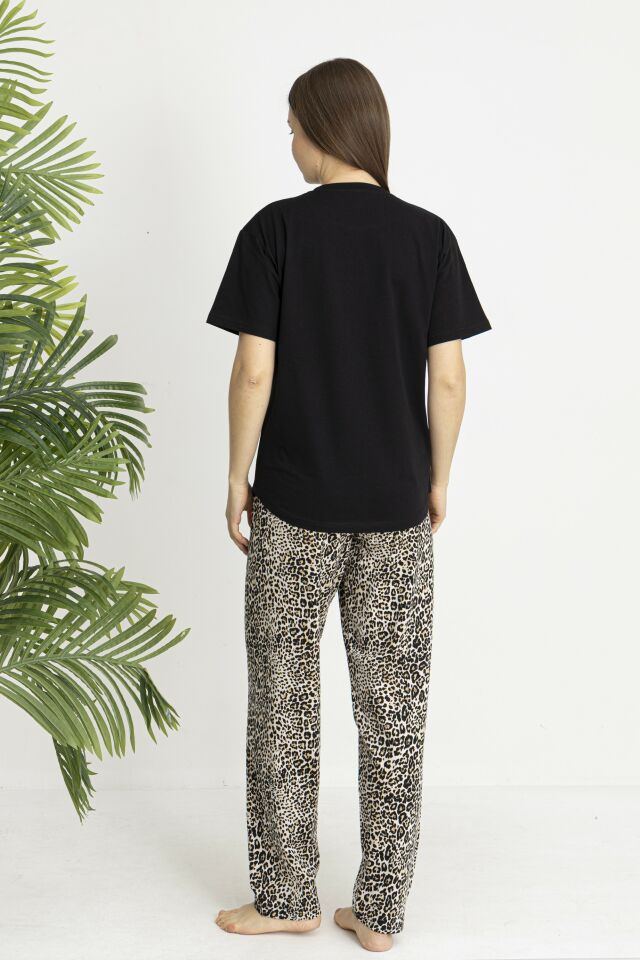 Estiva Kadın Kaplan Alt Desenli Siyah Penye Lycra Kısa Kollu Pijama Takımı