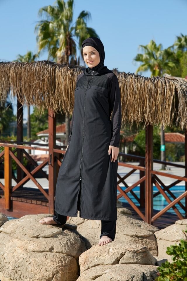 Estiva Tam Kapalı Pantolonlu Fermuarlı File Kapşon Detaylı Uzun Tesettür Mayo