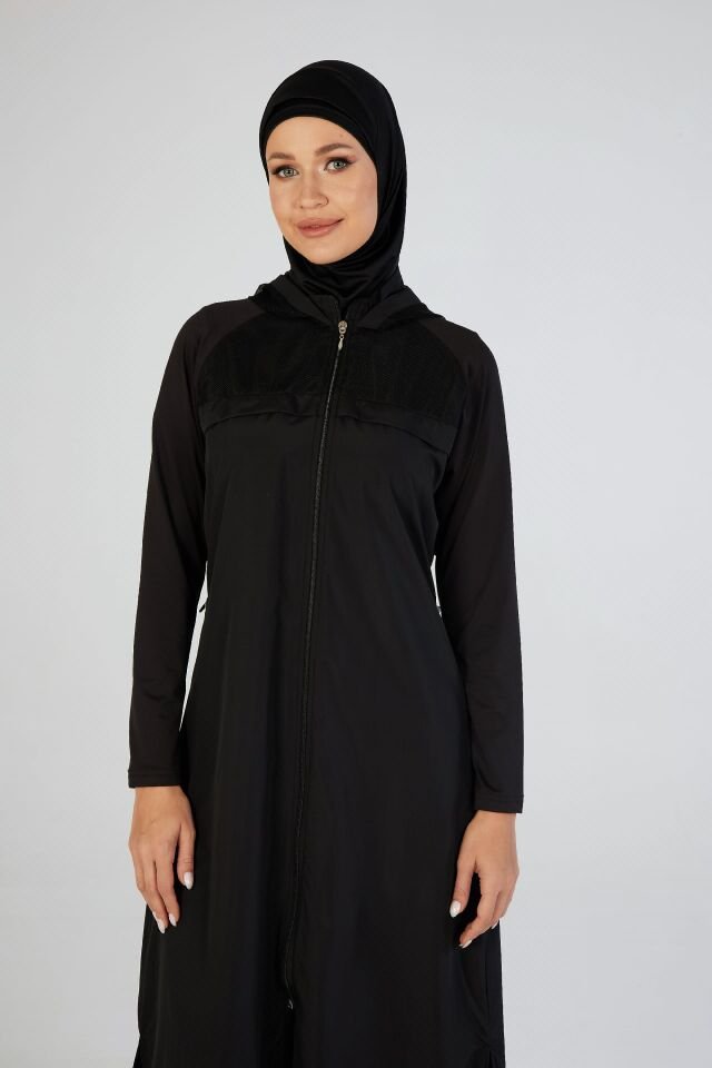 Estiva Tam Kapalı Pantolonlu Fermuarlı File Kapşon Detaylı Uzun Tesettür Mayo