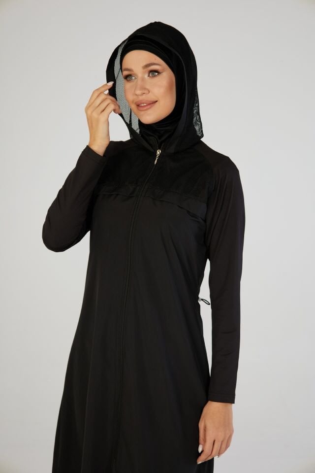 Estiva Tam Kapalı Pantolonlu Fermuarlı File Kapşon Detaylı Uzun Tesettür Mayo