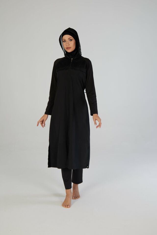 Estiva Tam Kapalı Pantolonlu Fermuarlı File Kapşon Detaylı Uzun Tesettür Mayo