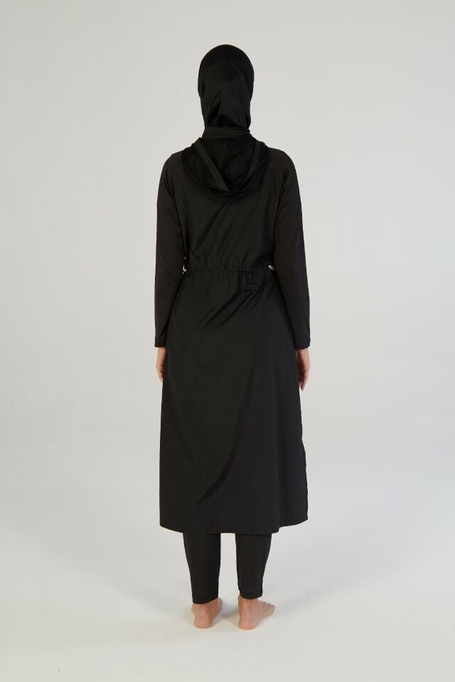 Estiva Tam Kapalı Pantolonlu Fermuarlı File Kapşon Detaylı Uzun Tesettür Mayo