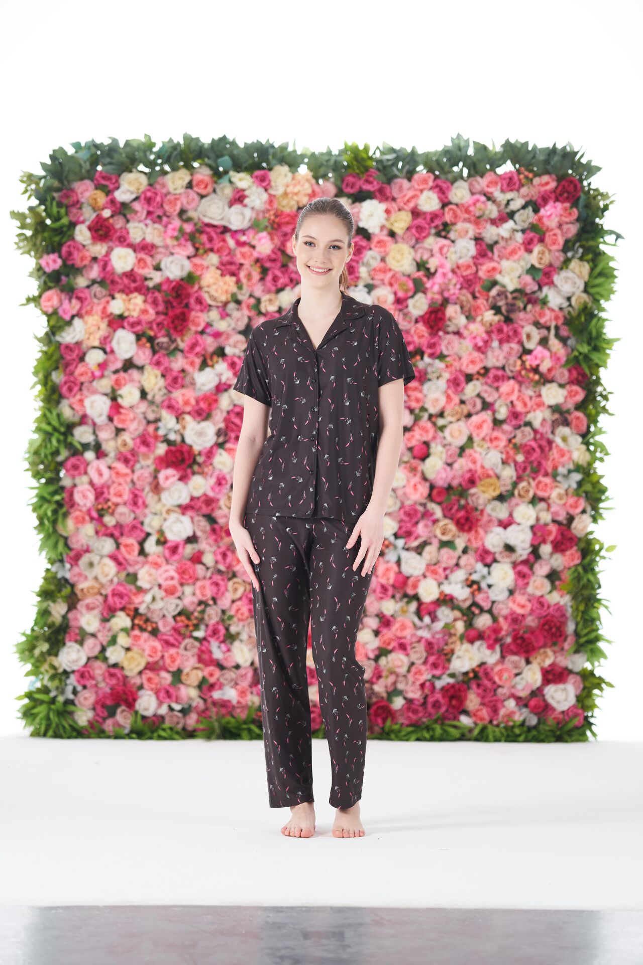 Kadın Yazlık Desenli Önden Düğmeli Kısa Kollu Marla Pijama Takımı - Lacivert