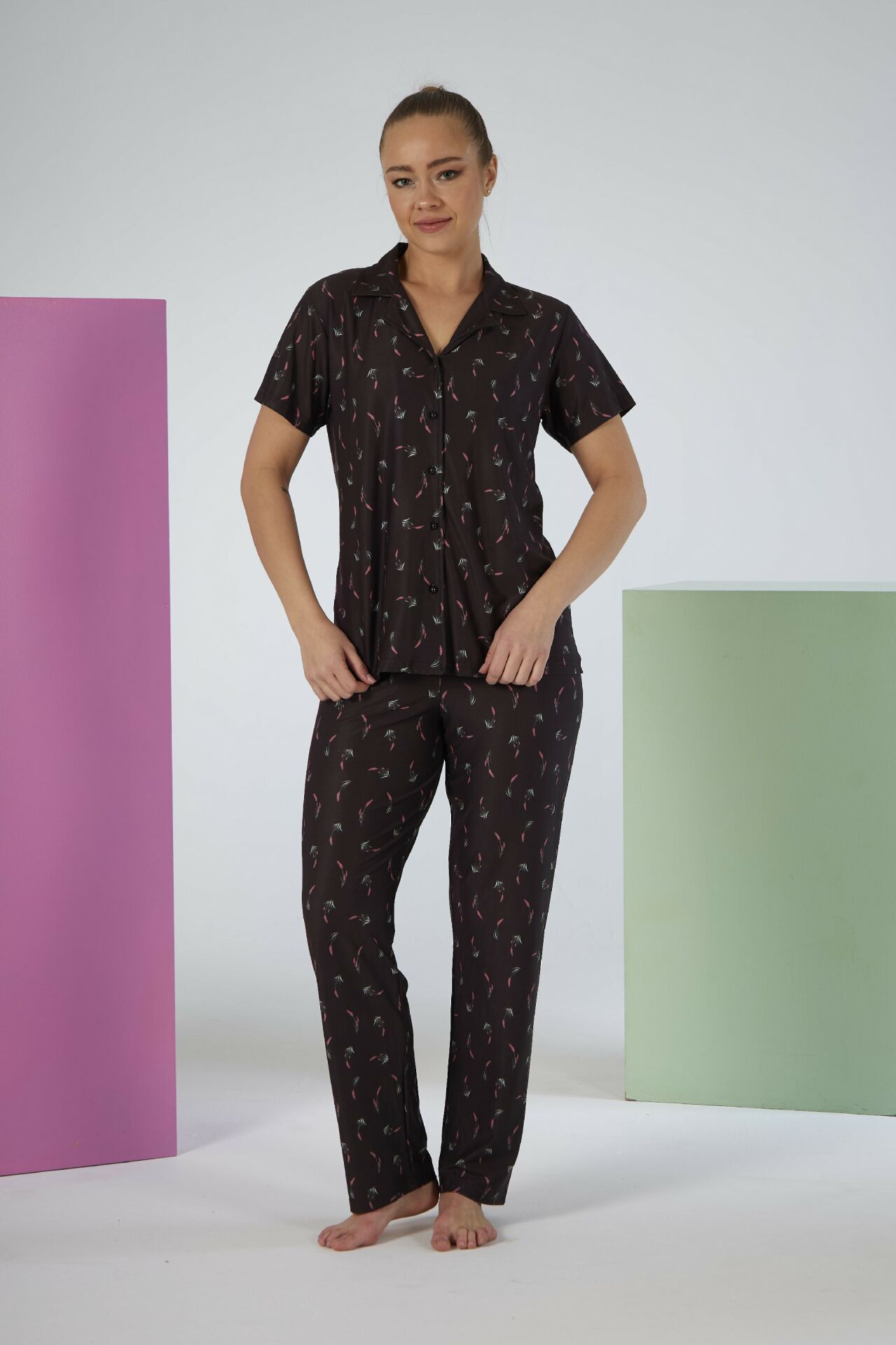 Kadın Yazlık Desenli Önden Düğmeli Kısa Kollu Marla Pijama Takımı - Lacivert