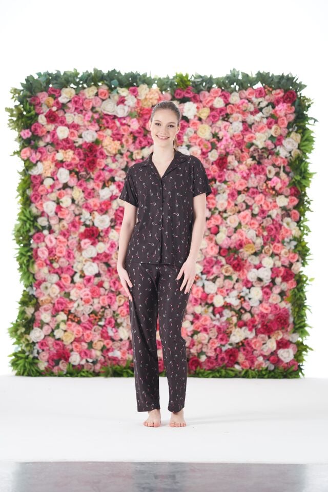 Kadın Yazlık Desenli Önden Düğmeli Kısa Kollu Marla Pijama Takımı - Lacivert