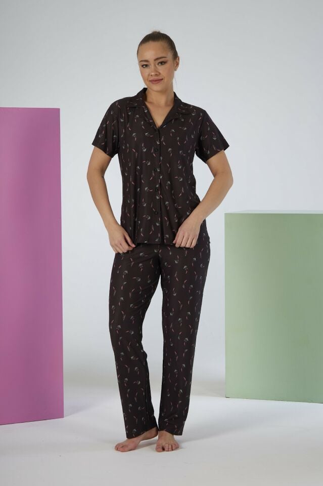 Kadın Yazlık Desenli Önden Düğmeli Kısa Kollu Marla Pijama Takımı - Lacivert