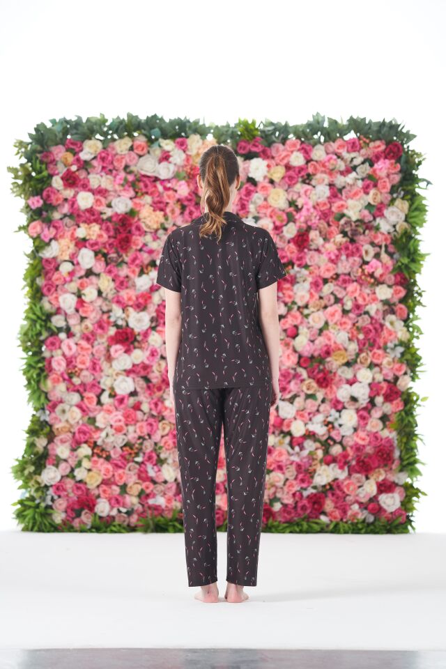 Kadın Yazlık Desenli Önden Düğmeli Kısa Kollu Marla Pijama Takımı - Lacivert