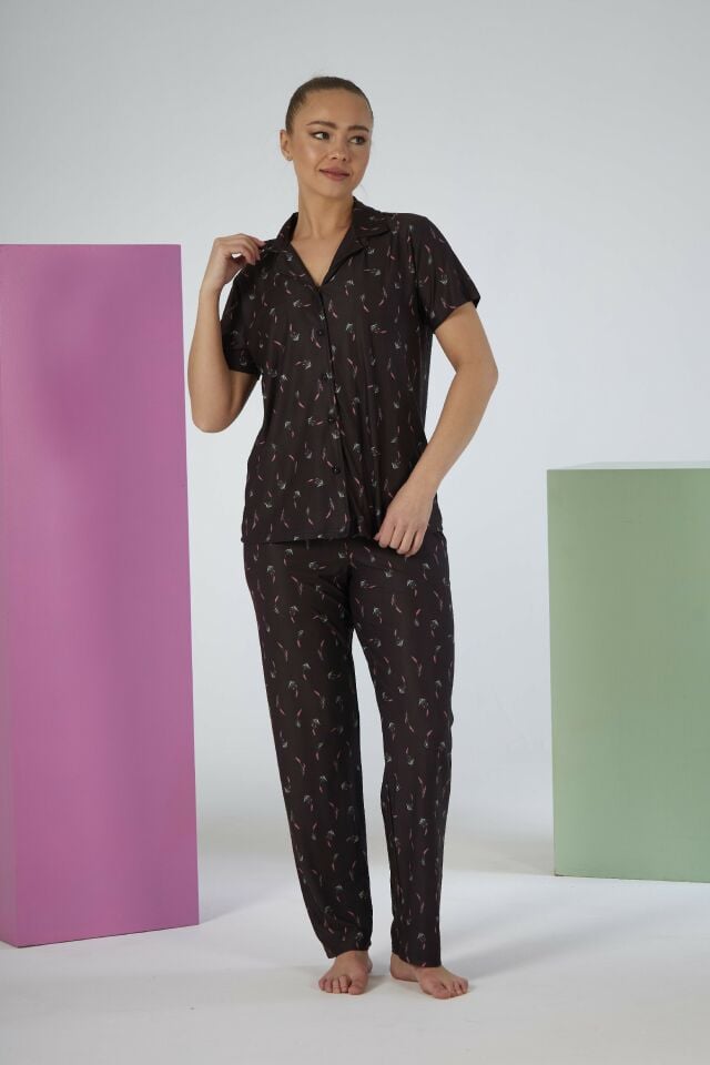 Kadın Yazlık Desenli Önden Düğmeli Kısa Kollu Marla Pijama Takımı - Lacivert