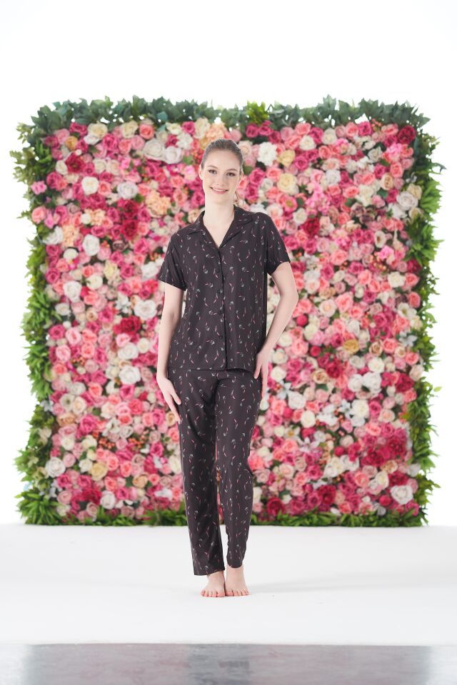 Kadın Yazlık Desenli Önden Düğmeli Kısa Kollu Marla Pijama Takımı - Lacivert