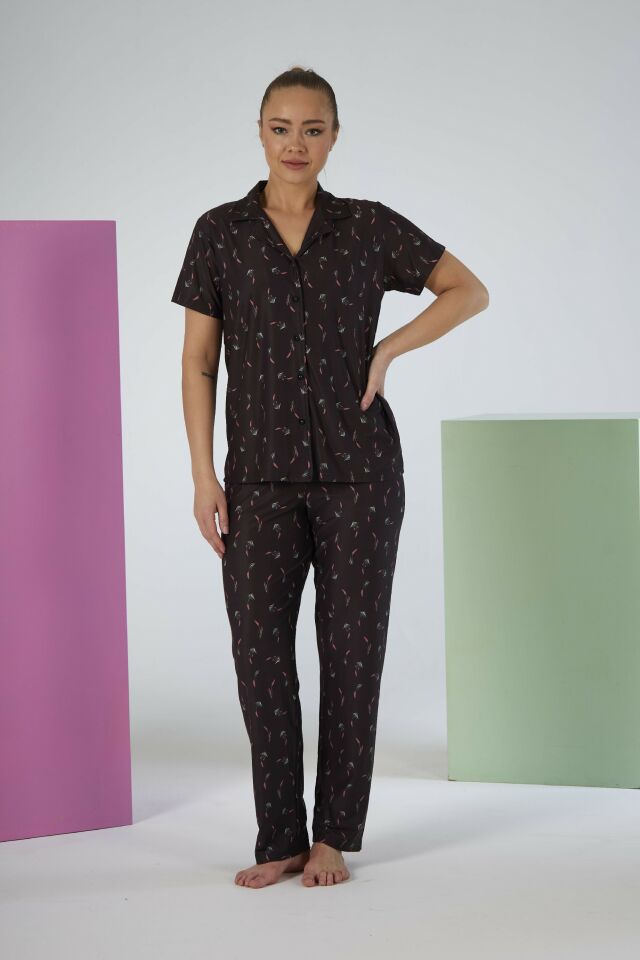 Kadın Yazlık Desenli Önden Düğmeli Kısa Kollu Marla Pijama Takımı - Lacivert