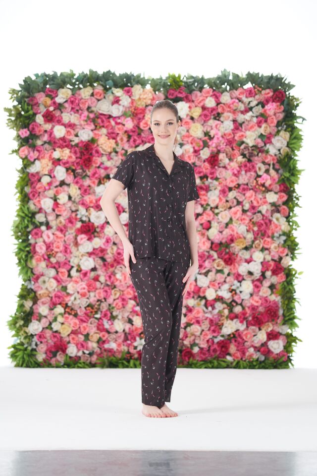 Kadın Yazlık Desenli Önden Düğmeli Kısa Kollu Marla Pijama Takımı - Lacivert