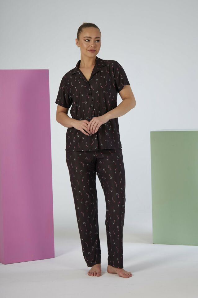 Kadın Yazlık Desenli Önden Düğmeli Kısa Kollu Marla Pijama Takımı - Lacivert