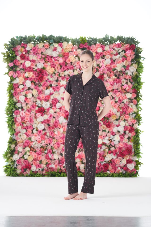 Kadın Yazlık Desenli Önden Düğmeli Kısa Kollu Marla Pijama Takımı - Lacivert