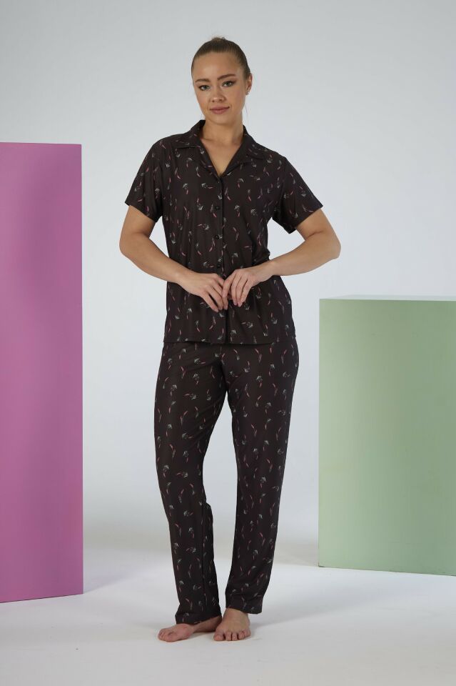 Kadın Yazlık Desenli Önden Düğmeli Kısa Kollu Marla Pijama Takımı - Lacivert