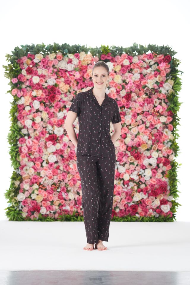 Kadın Yazlık Desenli Önden Düğmeli Kısa Kollu Marla Pijama Takımı - Lacivert