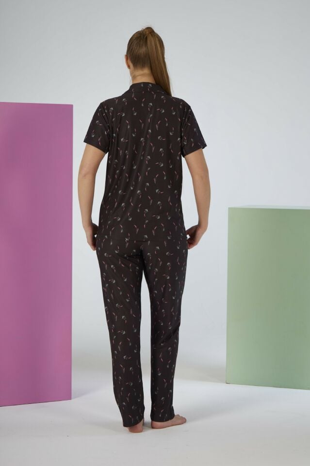 Kadın Yazlık Desenli Önden Düğmeli Kısa Kollu Marla Pijama Takımı - Lacivert