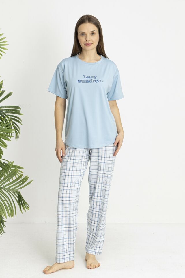 Estiva Kadın Kareli Alt Desenli Mavi Penye Lycra Kısa Kollu Pijama Takımı