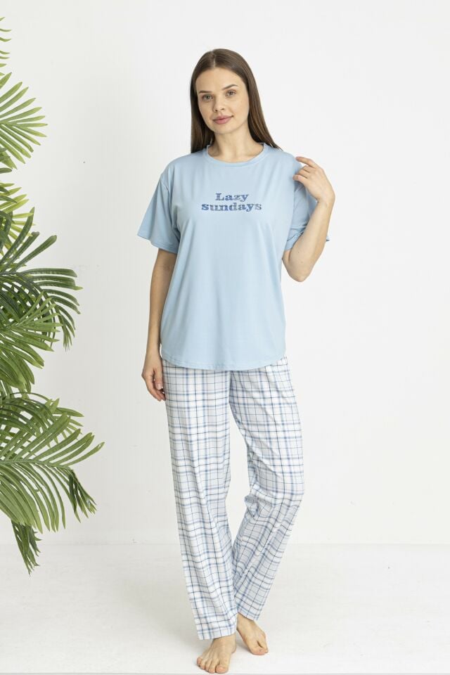 Estiva Kadın Kareli Alt Desenli Mavi Penye Lycra Kısa Kollu Pijama Takımı