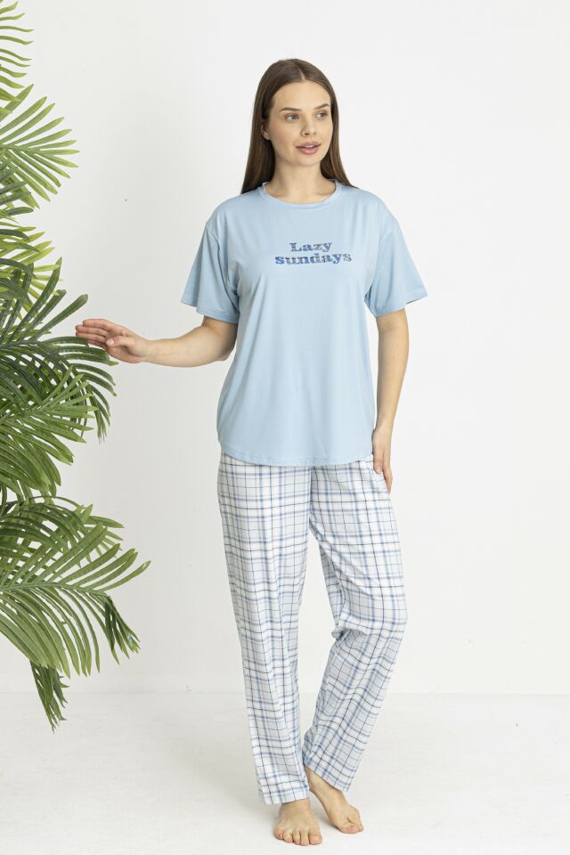 Estiva Kadın Kareli Alt Desenli Mavi Penye Lycra Kısa Kollu Pijama Takımı